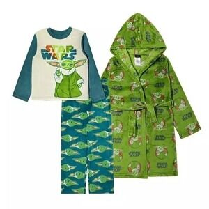 Star Wars Grogu Baby Yoda Boy's 3-Piece Hooded Robe and Pajama Set Small 6 New